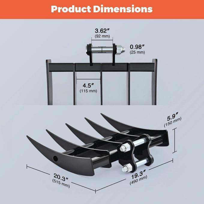 19.3" Mini Excavator Rake Attachment for Land Clearing, Debris Removing, Soil Spreading